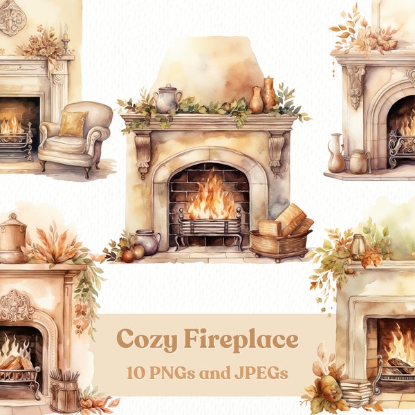 Watercolor Cozy Fireplace Clipart, 10 High Quality JPEGs and PNGs, Printable, Digital Download, Commercial Use