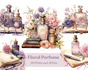 Floral Perfume Bottles Watercolor Clipart: Nostalgic PNG & JPEG (Digital Download)