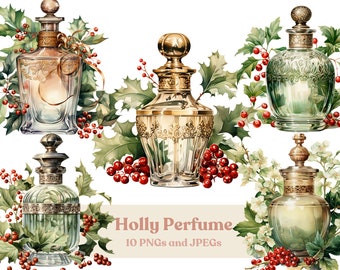 Watercolor Yuletide Perfume Clipart, Christmas Holly PNGs (Digital Download)