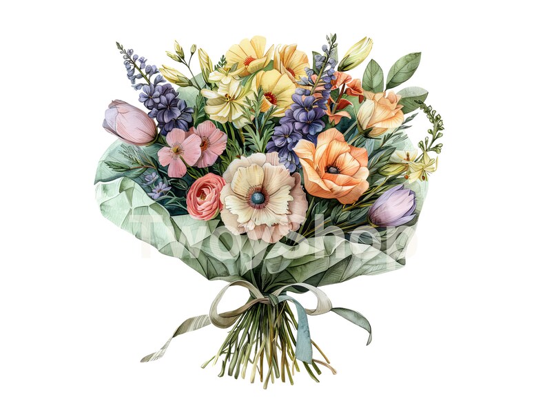 Watercolor Floral Bouquet Clipart: Spring Flower PNG Jpegs (digital ...
