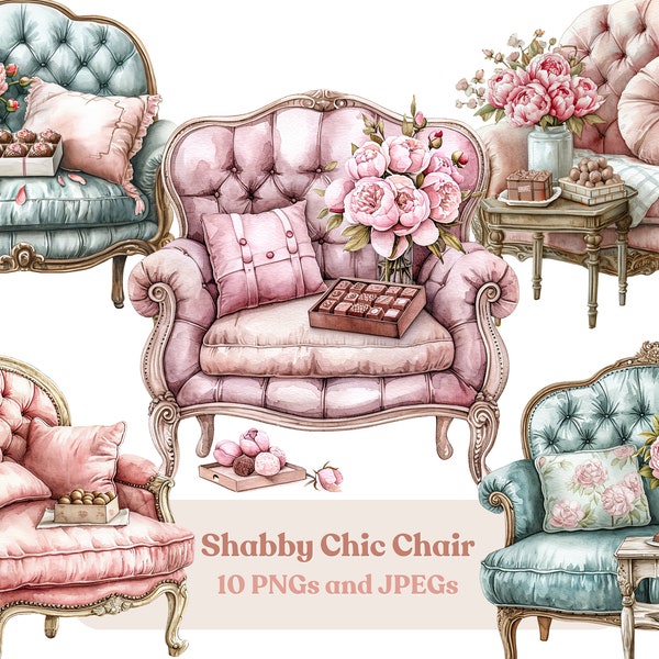 Watercolor Shabby Chic Chair Clipart, Romantic Interior Design 10 High Quality JPEGs and PNG Files, Digital Download Commercial Use