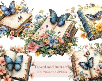 Watercolor Floral Book Clipart: Spring Flowers, Butterflies (Digital Download)