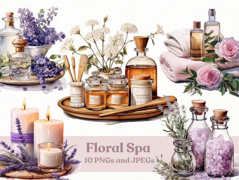 May include: A collection of spa products with floral accents.  The products include candles, essential oils, bath salts, and a wooden tray with small jars.  The image also includes lavender, roses, and towels.  Floral Spa 10 PNGs and JPEGs.