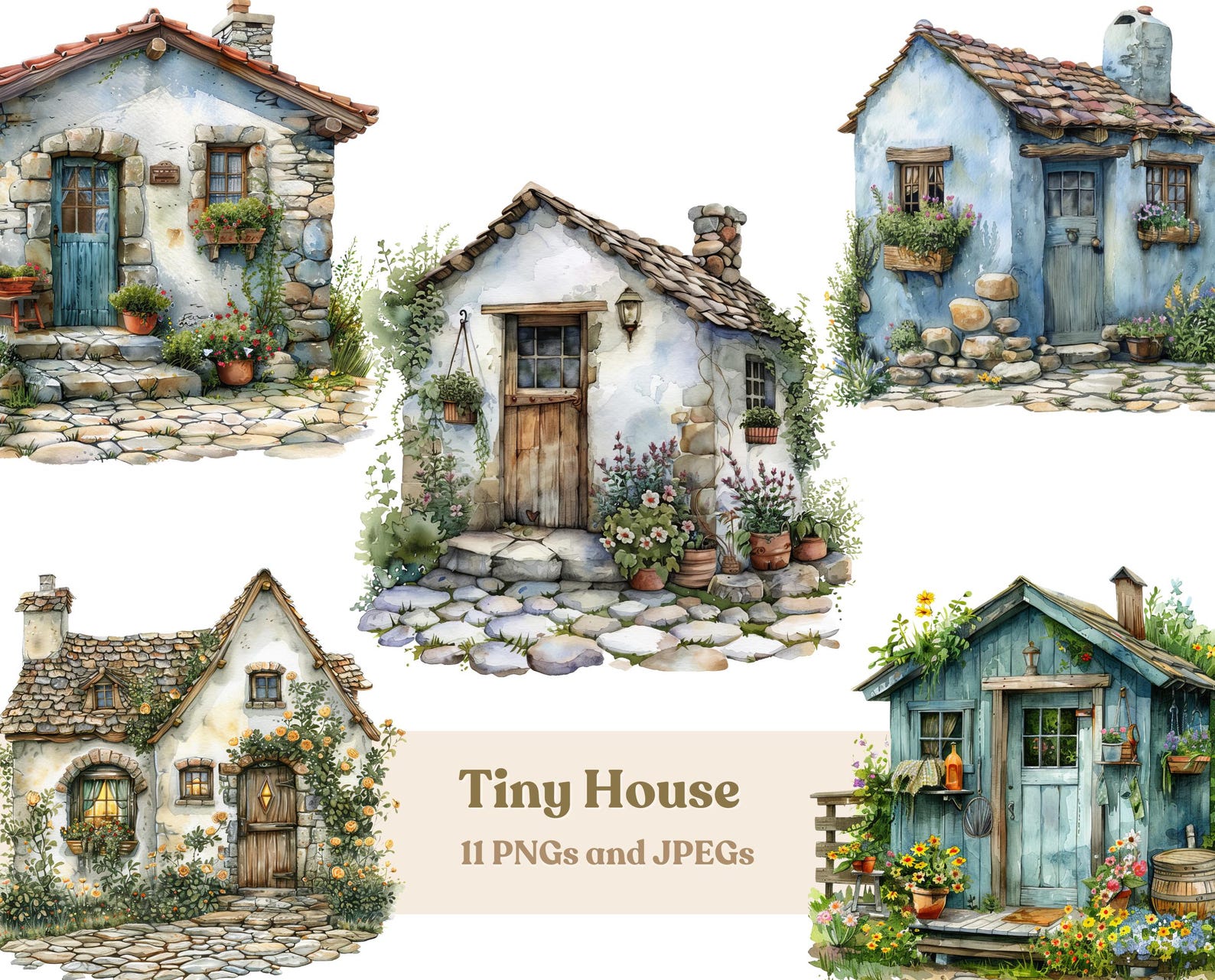 Watercolor Tiny House Clipart, 11 High-quality PNG and JPG Files ...