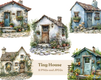 Watercolor Cottage Clipart: Rustic Tiny House Graphics (Digital Download)