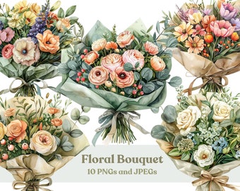 Watercolor Floral Bouquet Clipart: Spring Flower PNG JPEGs (Digital Download)