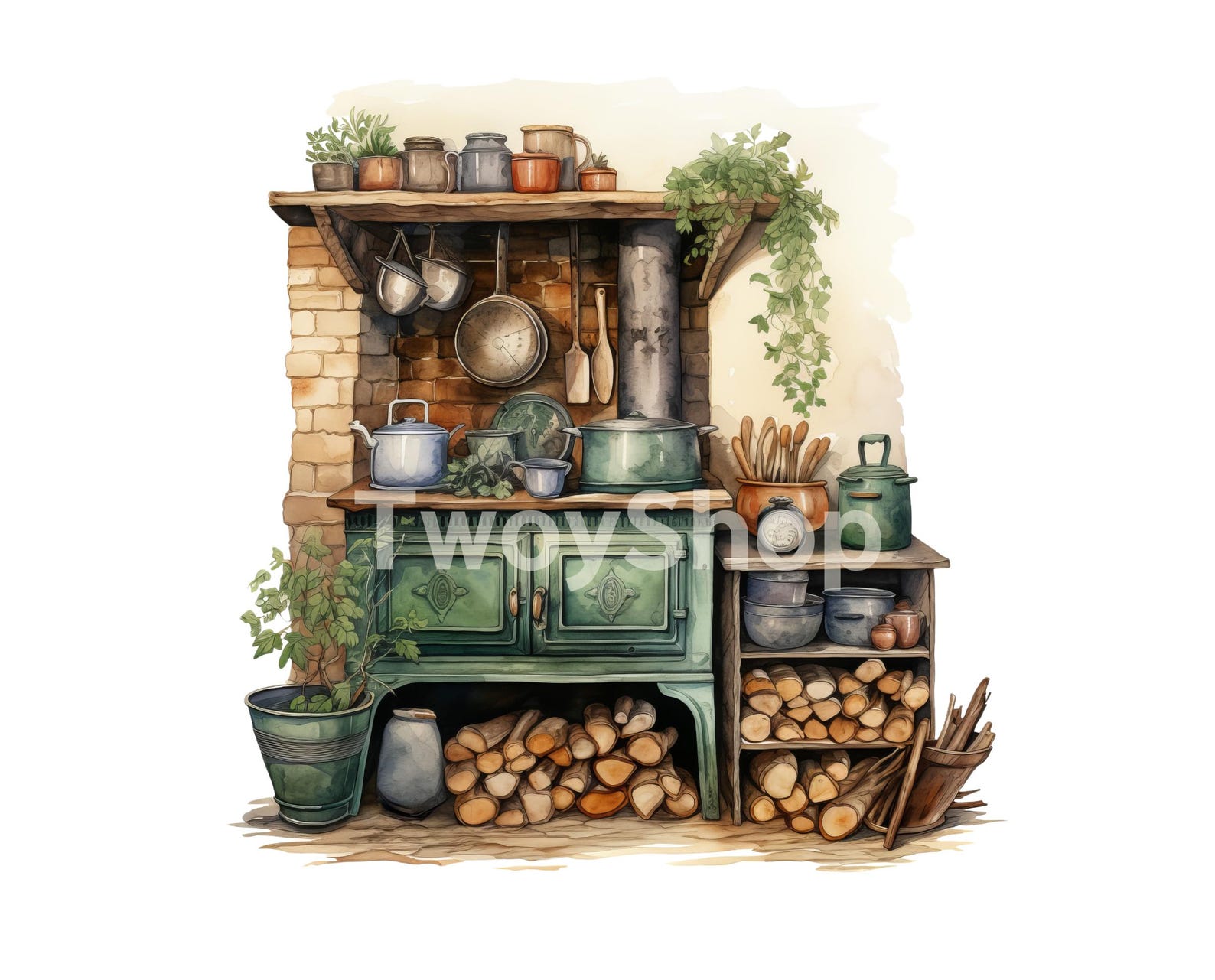 rustic cozy kitchen art prints under $7 shipped |... Watercolor Rustic Cozy Kitchen Clipart 10 High-quality Rustic ...