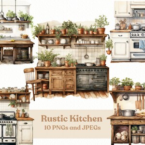 Pode incluir: Ilustrações em aquarela de cozinhas rústicas com armários de madeira, prateleiras e bancadas. As imagens apresentam várias configurações de cozinha com plantas, vasos e utensílios de cozinha. O texto "Rustic Kitchen" e "10 PNGs and JPEGs" também é visível.