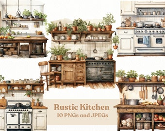 Watercolor Rustic Kitchen Clipart: 10 PNG & JPEG Elements (Digital Download)