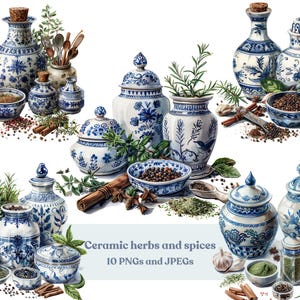 以下が含まれることがあります： 花柄と幾何学模様の青い白磁の壺、ボウル、ボトルのコレクション。壺とボウルはハーブとスパイスで満たされています。画像には「Ceramic herbs and spices 10 PNGs and JPEGs」というテキストが含まれています。