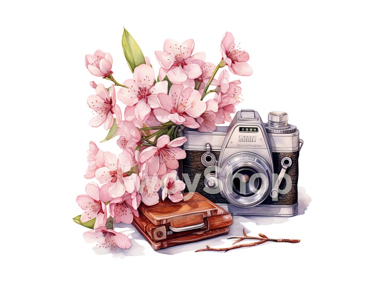 Watercolor Spring Camera Clipart, Hello Spring Floral Vintage Camera 10 ...