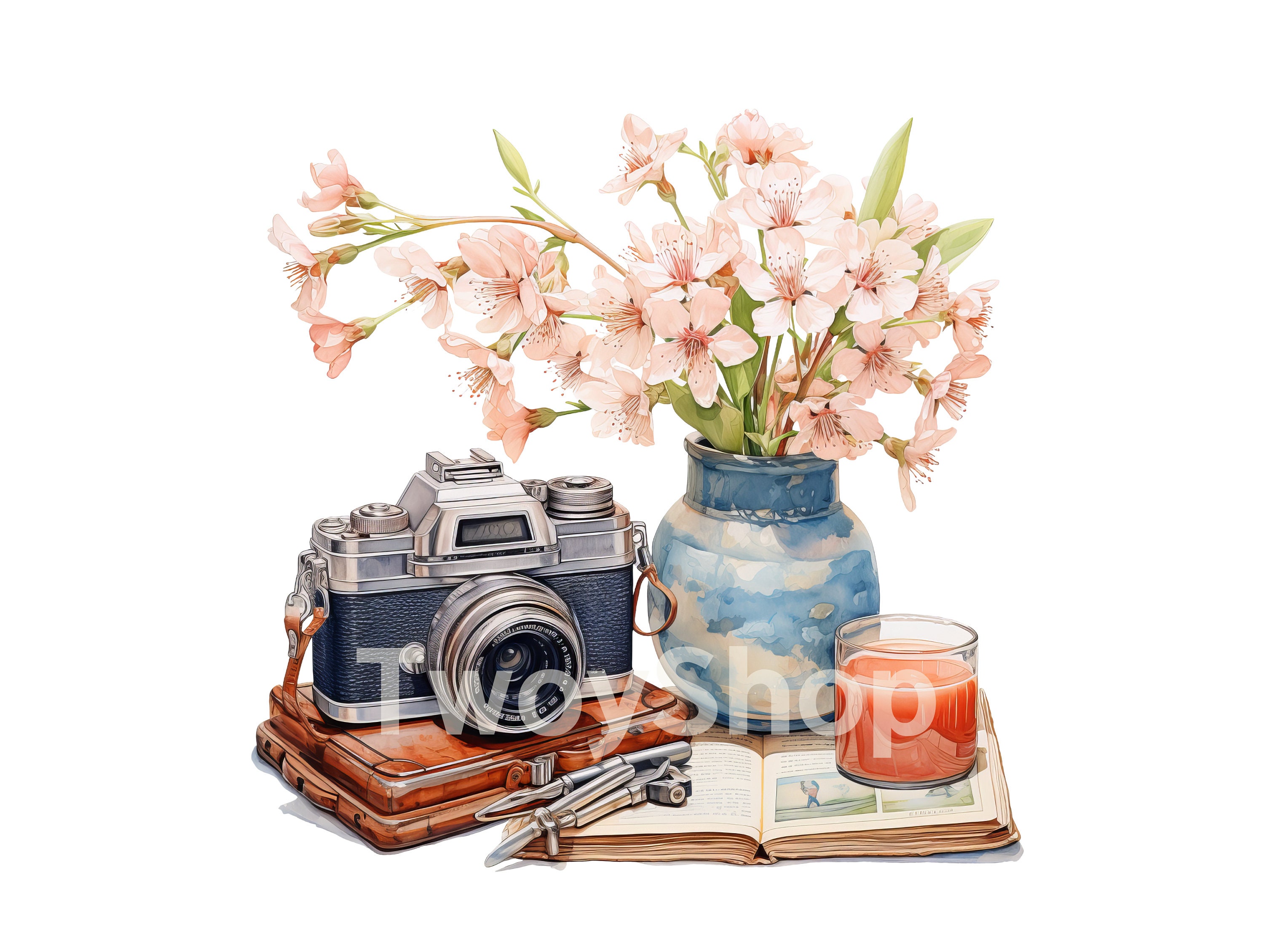 Watercolor Spring Camera Clipart, Hello Spring Floral Vintage Camera 10 ...