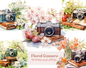 Watercolor Floral Camera Clipart: Spring Vintage Style (Digital Download)