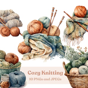 Watercolor Cozy Knitting Clipart, 10 High Quality JPEGs and PNG Files, Printable Knitting Supplies Clipart Digital Download, Commercial Use