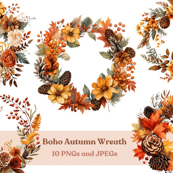Watercolor Boho Autumn Wreath Clipart, Flower 10 High Quality PNG Files and JPEGs, Printable Instant Digital Download