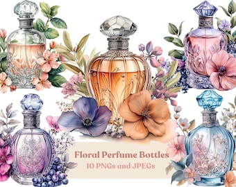 Watercolor Floral Perfume Bottles Clipart, Commercial Use (Digital Download)