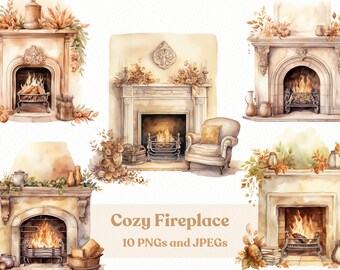 Watercolor Fireplace Clipart: Cozy Home Decor (Digital Download)