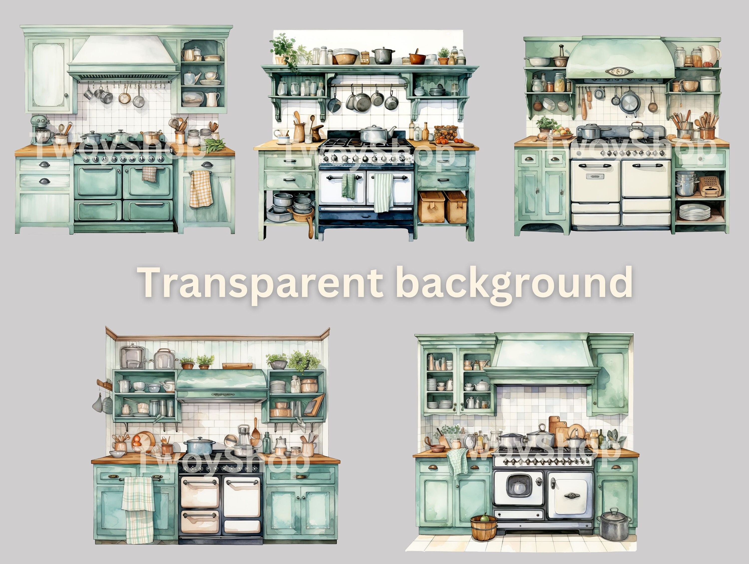 Cozy Country Kitchen Clipart Watercolor 10 High Quality PNG Files and ...