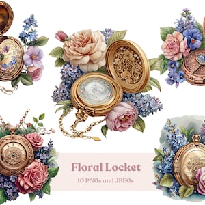 May include: A set of 10 floral locket illustrations. Each locket is adorned with delicate flowers, including roses, lilacs, and pansies. The lockets are gold and feature intricate designs. The illustrations are perfect for adding a touch of vintage charm to any project.