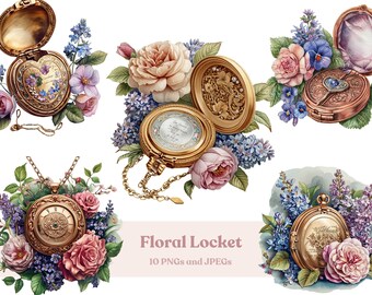 Floral Locket Clipart Set: Victorian Jewelry Illustrations (PNG & JPG)