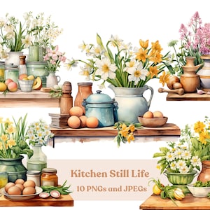 Cuisine nature morte aquarelle Clipart, 10 fichiers PNG et JPG de haute qualité, Illustration florale rustique, téléchargement numérique, oeuvre d'art imprimable