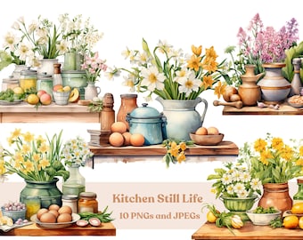 Kitchen Still Life Watercolor Clipart: Rustic Floral PNG JPG (Digital Download)