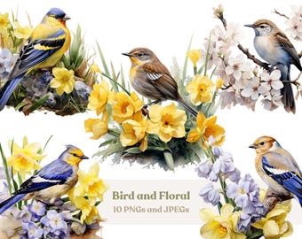 Watercolor Floral Bird Clipart – Spring Garden PNG & JPEG (Digital Download)