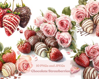 Watercolor Chocolate Strawberries Clipart: Valentine's Day PNG JPEGs (Digital Download)