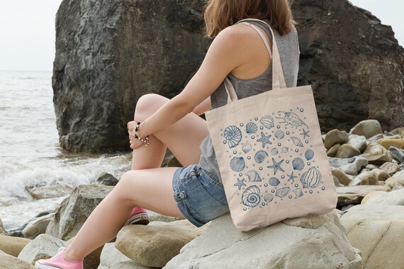 Shell Print Organic Cotton Tote Bag: Beach Bag, Wild Swimmer Gift