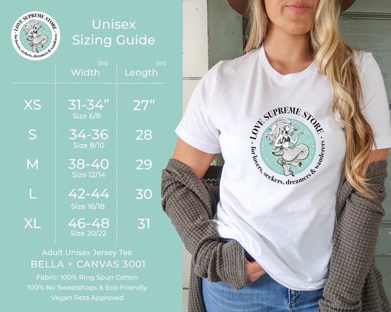 Op de afbeelding: Unisex maattabel voor een t-shirt met een zeemeermin-afbeelding en de tekst "LOVE SUPREME STORE for lovers, seekers, dreamers & wanderers". De tabel toont maten XS tot en met XL met de bijbehorende breedte- en lengtematen in inches.