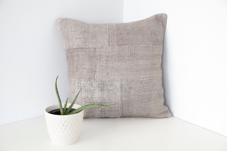 Light grey hues hemp kilim pillow throw pillow vintage kilim pillow hemp patchwork pillow cover 20x20 in.