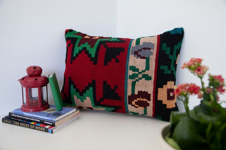 Green black red hues floral wool kilim lumbar pillow 14X20 in