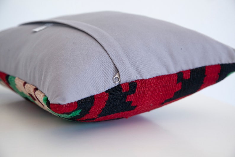 Green black red hues floral wool kilim lumbar pillow 14X20 in