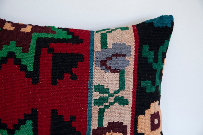Green black red hues floral wool kilim lumbar pillow 14X20 in