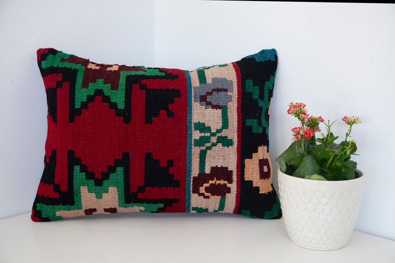 Green black red hues floral wool kilim lumbar pillow 14X20 in