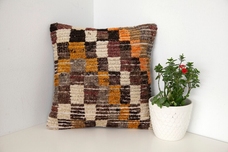 orange vintage Turkish rug pillow cover 16x16 in. Brown beige
