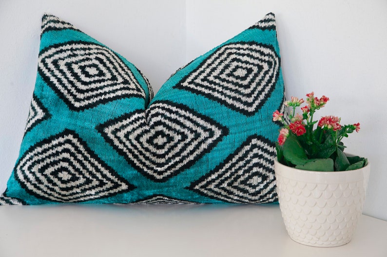 Turquoise velvet lumbar pillow / Silk ikat velvet pillow / Etsy