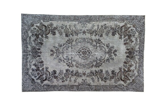 Vintage Oushak Rug Sage Green Distressed Gray Area
