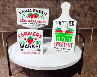 Strawberry Summer Tiered Tray Decor, Farm Fresh Strawberries,Mini Signs, Shelf Sitters