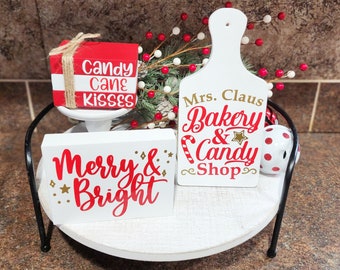Christmas Tiered Tray Decor,Christmas Bookstack, Tiered Tray Cutting Board, Candy Cane Decor,