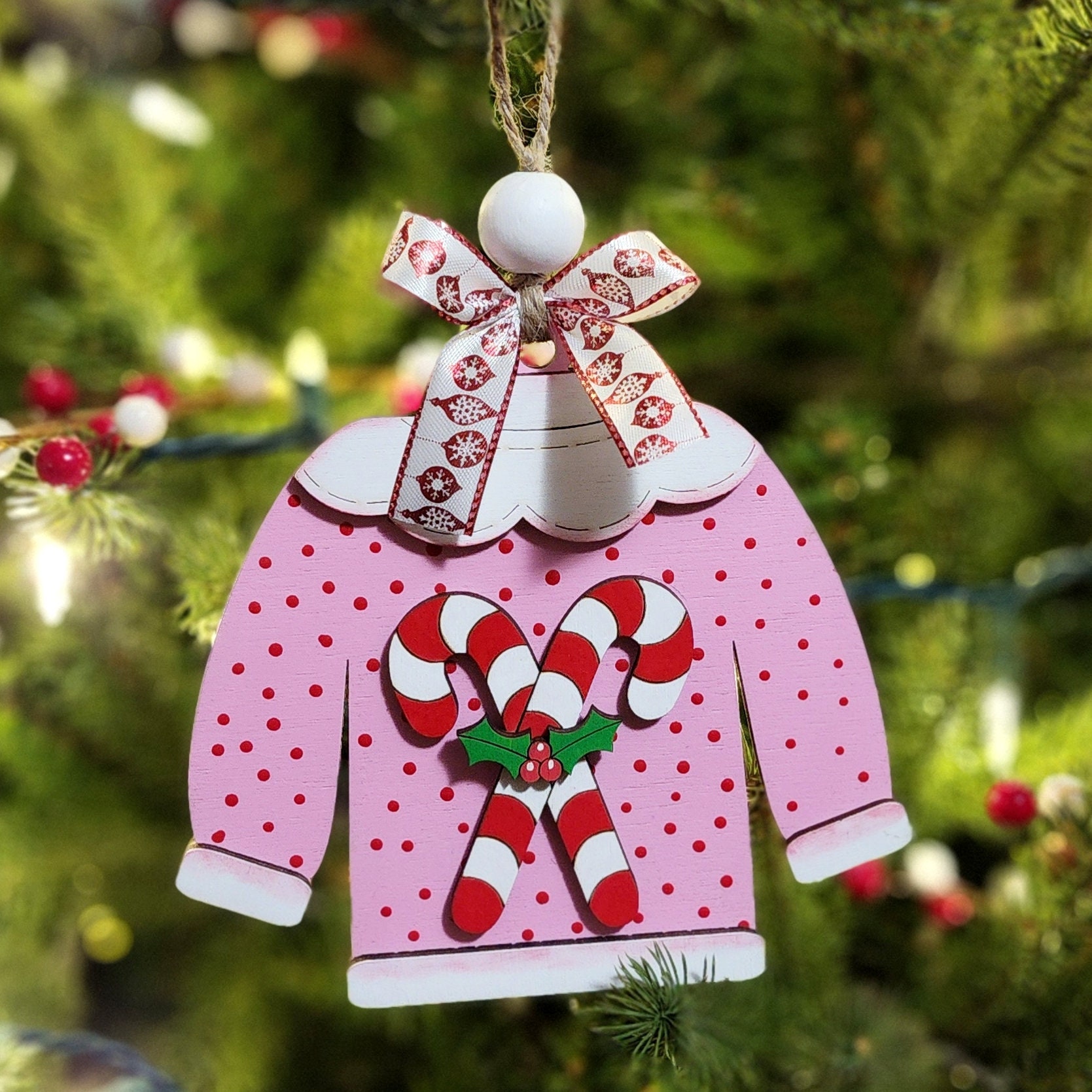Ugly Sweater Christmas Ornamnet, Candy Cane, Christmas Sweater Wood Christmas Tree Ornaments, Winter Decor