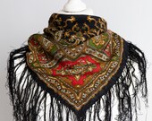 vintage Square scarf, folk scarf, warm wool scarf, women scarf shawl 77cm 30 quot fringe scarf boho scarf black red olive green HOLE