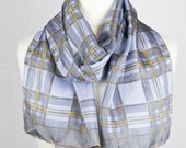 vintage Long scarf, plaid rectangle scarf, check silk scarf, women scarf shawl 35x160cm 14x63 quot blue gray beige