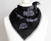 vintage Square scarf, autumn fall scarf, wool scarf, wrap scarf, women scarf 65cm 25 quot warm scarf, floral leaves black gray HOLE