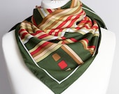 70 39 vintage scarf, Square scarf, plaid scarf, polyester striped scarf, women scarf 75cm 30 quot geometric scarf olive green orange SPOT