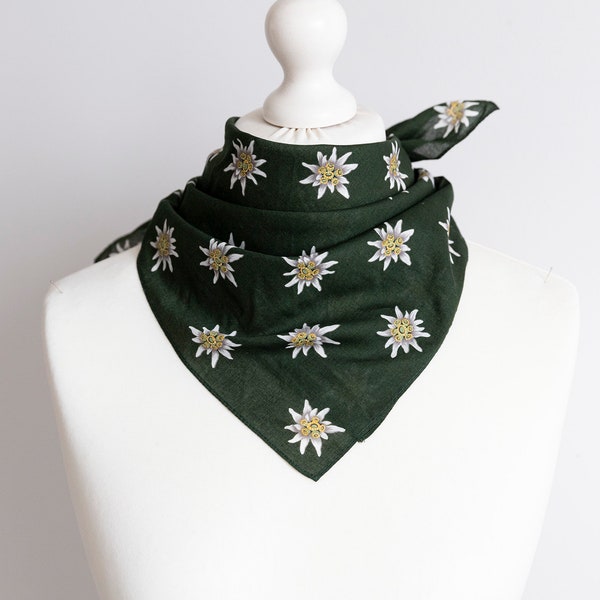 vintage Small scarf, square scarf, edelweiss scarf, cotton scarf women scarf bandana scarf kerchief 58cm / 23" alpine floral scarf green