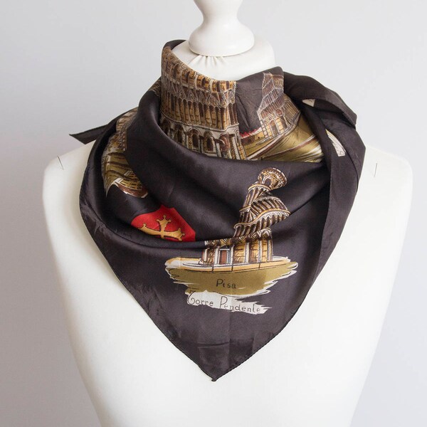 vintage Square scarf, polyester scarf, fabric women scarf shawl 64cm / 25" italian travel scarf brown beige souvenir