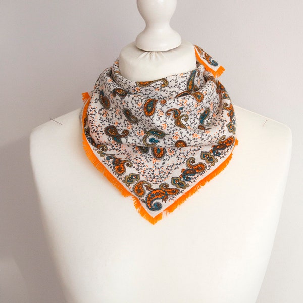 vintage Small scarf, warm paisley square scarf, polyester fabric women scarf shawl bandana kerchief 50cm / 20" ornamental orange blue