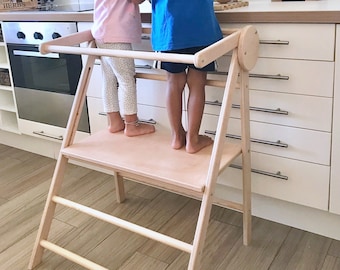 Torre auxiliar doble, escalera de aprendizaje plegable para GEMELOS, taburete de cocina para niños pequeños, taburete de aprendizaje, escalera auxiliar ajustable