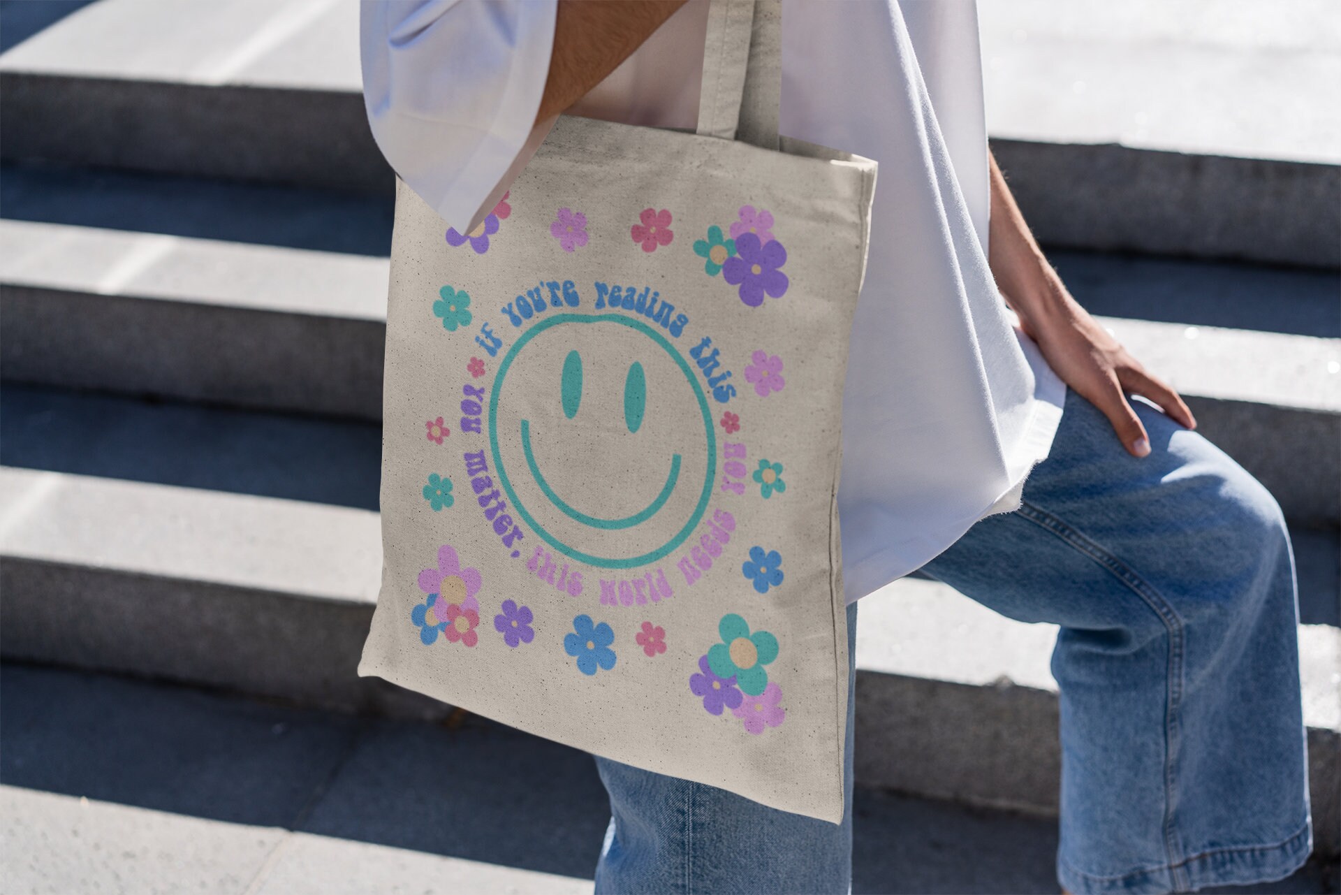 Smiley Face Cute Tote Bag Reusable Grocery Bag Flower Tote Bag Etsy UK